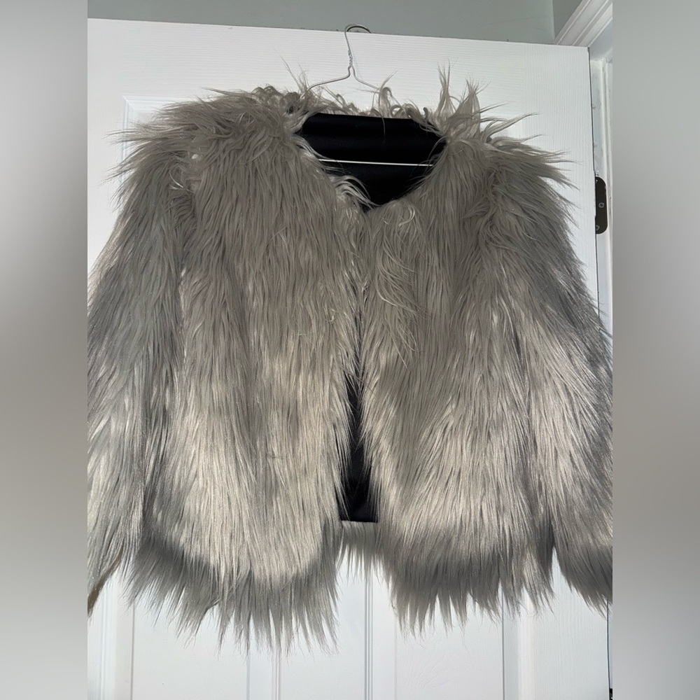 Chicwish Silver-Gray Faux Fur Cropped Teddy Jacket